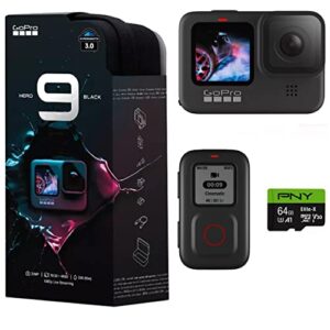 gopro hero9 black + smart remote + pny elite-x 64gb microsdhc card adapter-uhs – waterproof action camera with front lcd and touch rear screens, 5k ultra hd video, 20mp photos