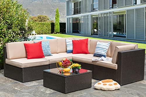 Vongrasig 6 Piece Patio Furniture Set, Small Outdoor Sectional Sofa Couch, All Weather PE Wicker L-Shaped Corner Patio Sofa Garden Backyard Patio Conversation Set w/Glass Table (Beige)