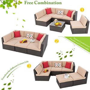 Vongrasig 6 Piece Patio Furniture Set, Small Outdoor Sectional Sofa Couch, All Weather PE Wicker L-Shaped Corner Patio Sofa Garden Backyard Patio Conversation Set w/Glass Table (Beige)