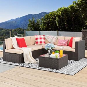 Vongrasig 6 Piece Patio Furniture Set, Small Outdoor Sectional Sofa Couch, All Weather PE Wicker L-Shaped Corner Patio Sofa Garden Backyard Patio Conversation Set w/Glass Table (Beige)