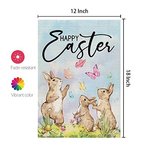 CROWNED BEAUTY Happy Easter Bunnies Garden Flag 12X18 Inch Small Double Sided for Outside Burlap Butterflies Yard Holiday Decoration CF759-12