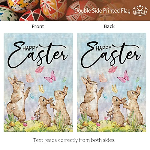 CROWNED BEAUTY Happy Easter Bunnies Garden Flag 12X18 Inch Small Double Sided for Outside Burlap Butterflies Yard Holiday Decoration CF759-12