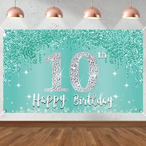 teal silver 10th birthday banner decorations for girls, breakfast blue happy 10th birthday backdrop party supplies, ten year old birthday poster background photo booth props decor