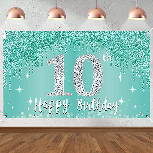 Teal Silver 10th Birthday Banner Decorations for Girls, Breakfast Blue Happy 10th Birthday Backdrop Party Supplies, Ten Year Old Birthday Poster Background Photo Booth Props Decor