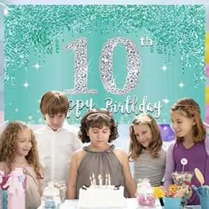 Teal Silver 10th Birthday Banner Decorations for Girls, Breakfast Blue Happy 10th Birthday Backdrop Party Supplies, Ten Year Old Birthday Poster Background Photo Booth Props Decor