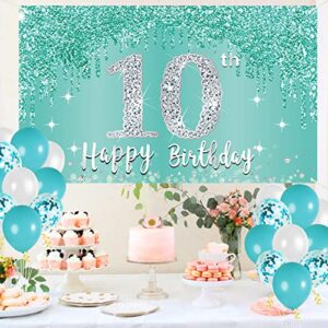 Teal Silver 10th Birthday Banner Decorations for Girls, Breakfast Blue Happy 10th Birthday Backdrop Party Supplies, Ten Year Old Birthday Poster Background Photo Booth Props Decor