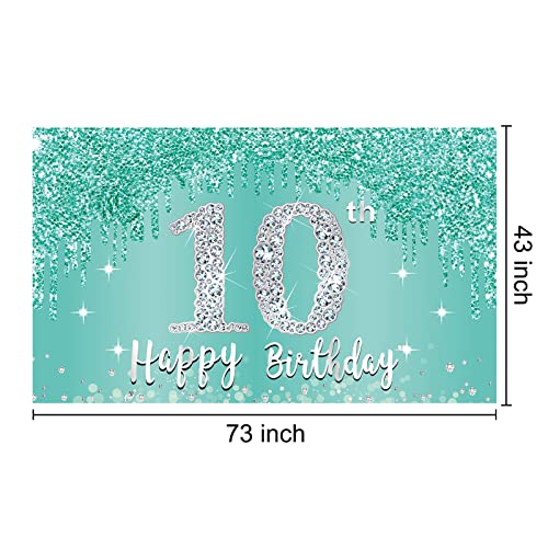 Teal Silver 10th Birthday Banner Decorations for Girls, Breakfast Blue Happy 10th Birthday Backdrop Party Supplies, Ten Year Old Birthday Poster Background Photo Booth Props Decor