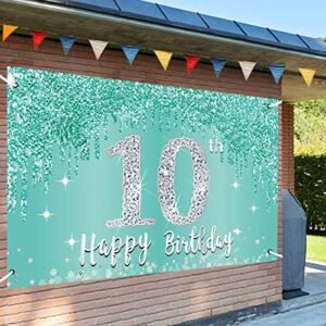 Teal Silver 10th Birthday Banner Decorations for Girls, Breakfast Blue Happy 10th Birthday Backdrop Party Supplies, Ten Year Old Birthday Poster Background Photo Booth Props Decor