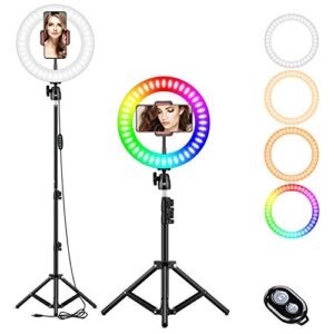 10″ rgb selfie ring light, led ringlight 3200-6500k with tripod stand & cell phone holder for live stream/make up/youtube/tiktok/photography/video recording compatible with iphone & android phone
