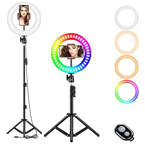 10" RGB Selfie Ring Light, LED Ringlight 3200-6500K with Tripod Stand & Cell Phone Holder for Live Stream/Make Up/YouTube/TikTok/Photography/Video Recording Compatible with iPhone & Android Phone