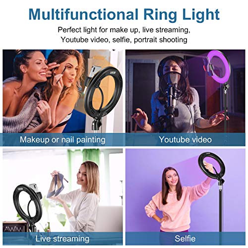 10" RGB Selfie Ring Light, LED Ringlight 3200-6500K with Tripod Stand & Cell Phone Holder for Live Stream/Make Up/YouTube/TikTok/Photography/Video Recording Compatible with iPhone & Android Phone