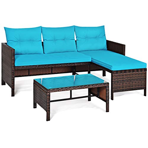 LDAILY 3 Pieces Patio Outdoor Furniture Sofa Set, Lounge Chaise with Cushions, Waterproof Tight Weaving Rattan, Conversation Set, Ideal for Garden, Pool, Patio