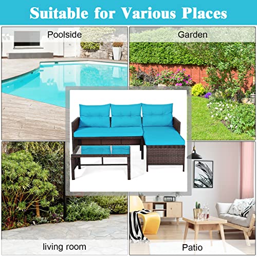 LDAILY 3 Pieces Patio Outdoor Furniture Sofa Set, Lounge Chaise with Cushions, Waterproof Tight Weaving Rattan, Conversation Set, Ideal for Garden, Pool, Patio