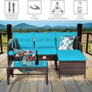 LDAILY 3 Pieces Patio Outdoor Furniture Sofa Set, Lounge Chaise with Cushions, Waterproof Tight Weaving Rattan, Conversation Set, Ideal for Garden, Pool, Patio