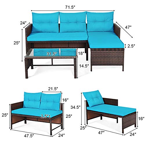 LDAILY 3 Pieces Patio Outdoor Furniture Sofa Set, Lounge Chaise with Cushions, Waterproof Tight Weaving Rattan, Conversation Set, Ideal for Garden, Pool, Patio