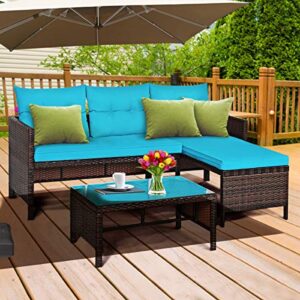 LDAILY 3 Pieces Patio Outdoor Furniture Sofa Set, Lounge Chaise with Cushions, Waterproof Tight Weaving Rattan, Conversation Set, Ideal for Garden, Pool, Patio