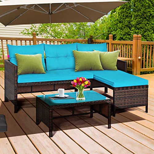 LDAILY 3 Pieces Patio Outdoor Furniture Sofa Set, Lounge Chaise with Cushions, Waterproof Tight Weaving Rattan, Conversation Set, Ideal for Garden, Pool, Patio