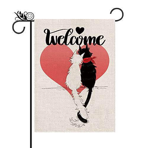 Valentines Day Garden Flag Cat Welcome Valentines Garden Flag Love Heart Party Home Burlap Double Sided Yard Decor 12.5 x 18 Inch