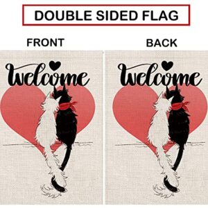 Valentines Day Garden Flag Cat Welcome Valentines Garden Flag Love Heart Party Home Burlap Double Sided Yard Decor 12.5 x 18 Inch