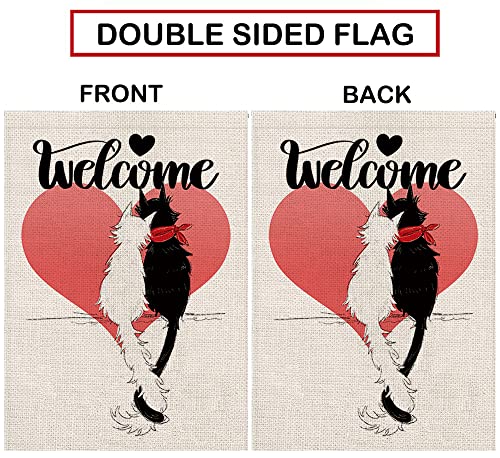 Valentines Day Garden Flag Cat Welcome Valentines Garden Flag Love Heart Party Home Burlap Double Sided Yard Decor 12.5 x 18 Inch