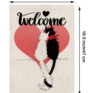 Valentines Day Garden Flag Cat Welcome Valentines Garden Flag Love Heart Party Home Burlap Double Sided Yard Decor 12.5 x 18 Inch