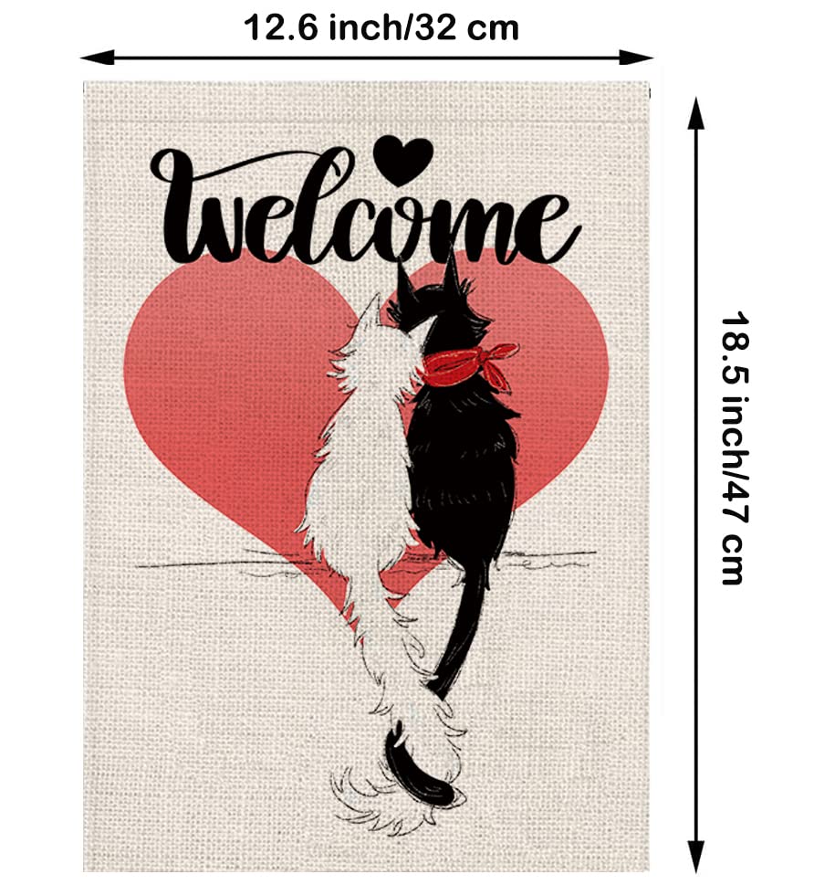 Valentines Day Garden Flag Cat Welcome Valentines Garden Flag Love Heart Party Home Burlap Double Sided Yard Decor 12.5 x 18 Inch