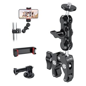 UURIG Super Clamp 360° Ballhead Magic Arm Double Ball Head Adapter Camera Clamp Mount with 1/4"-20&3/8"-16 Thread for Canon Nikon DSLR Camera/GoPro/Monitor/Ronin-M/Freefly MOVI-with Phone Clip