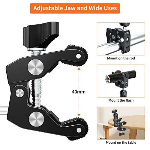 UURIG Super Clamp 360° Ballhead Magic Arm Double Ball Head Adapter Camera Clamp Mount with 1/4"-20&3/8"-16 Thread for Canon Nikon DSLR Camera/GoPro/Monitor/Ronin-M/Freefly MOVI-with Phone Clip