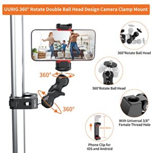 UURIG Super Clamp 360° Ballhead Magic Arm Double Ball Head Adapter Camera Clamp Mount with 1/4"-20&3/8"-16 Thread for Canon Nikon DSLR Camera/GoPro/Monitor/Ronin-M/Freefly MOVI-with Phone Clip