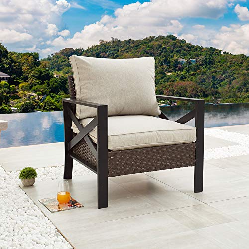 LOKATSE HOME Outdoor Patio Furniture Modern Wicker Sofa Chair Rattan Conversation Single Armchair with Cushion, Brown