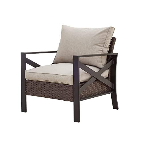 LOKATSE HOME Outdoor Patio Furniture Modern Wicker Sofa Chair Rattan Conversation Single Armchair with Cushion, Brown