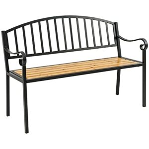 outsunny 50″ garden bench, patio loveseat with antique backrest, wood seat and steel frame for backyard or porch