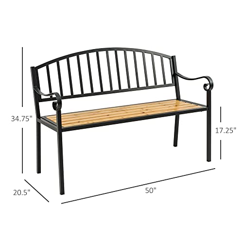 Outsunny 50" Garden Bench, Patio Loveseat with Antique Backrest, Wood Seat and Steel Frame for Backyard or Porch