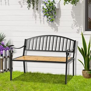 Outsunny 50" Garden Bench, Patio Loveseat with Antique Backrest, Wood Seat and Steel Frame for Backyard or Porch