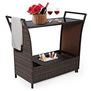 tangkula outdoor wicker bar cart, patio wine serving cart w/wheels & removable ice bucket, rolling rattan beverage bar counter table w/glass top for porch backyard garden poolside party, mix brown