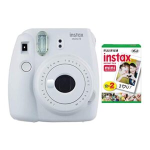 fujifilm instax mini 9 camera, smoky white – with fujifilm instax mini instant daylight film twin pack, 20 exposures