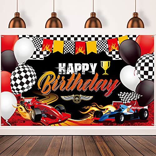 Car Racing Happy Birthday Backdrop Car Themed Birthday Party Decorations Racing Party Photo Background Racing Theme Party Supplies for Birthday Party Photography Decor, 72.8 x 43.3 Inches