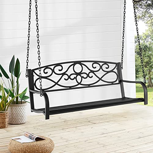 Giantex Metal Porch Swings 2 Person Outdoor Hanging Garden Bench with Sturdy Chains, Wide Seat & Curved Armrests, 485 Lbs Weight Capacity Swing Loveseat for Deck, Backyard Patio Swing Chair (Black)