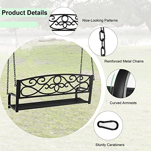 Giantex Metal Porch Swings 2 Person Outdoor Hanging Garden Bench with Sturdy Chains, Wide Seat & Curved Armrests, 485 Lbs Weight Capacity Swing Loveseat for Deck, Backyard Patio Swing Chair (Black)