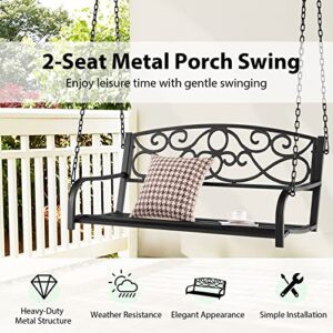 Giantex Metal Porch Swings 2 Person Outdoor Hanging Garden Bench with Sturdy Chains, Wide Seat & Curved Armrests, 485 Lbs Weight Capacity Swing Loveseat for Deck, Backyard Patio Swing Chair (Black)