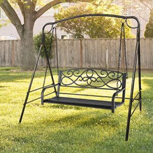 Giantex Metal Porch Swings 2 Person Outdoor Hanging Garden Bench with Sturdy Chains, Wide Seat & Curved Armrests, 485 Lbs Weight Capacity Swing Loveseat for Deck, Backyard Patio Swing Chair (Black)