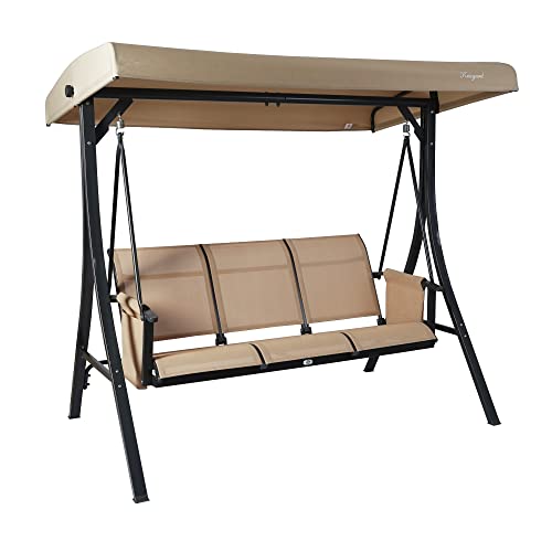 Kozyard Brenda 3 Person Outdoor Patio Swing with Strong Weather Resistant Powder Coated Steel Frame and Textilence Seats (Tan)