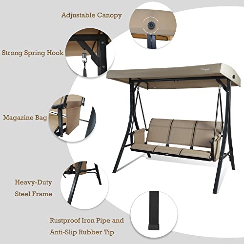 Kozyard Brenda 3 Person Outdoor Patio Swing with Strong Weather Resistant Powder Coated Steel Frame and Textilence Seats (Tan)