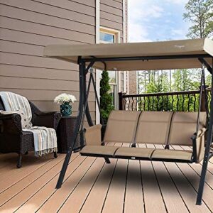 Kozyard Brenda 3 Person Outdoor Patio Swing with Strong Weather Resistant Powder Coated Steel Frame and Textilence Seats (Tan)