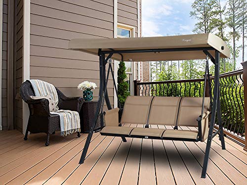 Kozyard Brenda 3 Person Outdoor Patio Swing with Strong Weather Resistant Powder Coated Steel Frame and Textilence Seats (Tan)