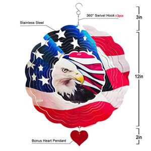 Stainless Steel Wind Spinner - 14 inches 3D Metal Kinetic Art America Flag Hanging Indoor Outdoor Yard Garden Decorations Crafts Ornaments