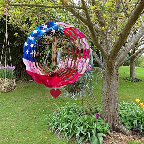 Stainless Steel Wind Spinner - 14 inches 3D Metal Kinetic Art America Flag Hanging Indoor Outdoor Yard Garden Decorations Crafts Ornaments