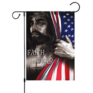 louise maelys jesus american garden flag 12×18 double sided, burlap small vertical faith over fear god christian jesus cross religious religion yard flags banners for farmhouse lawn outdoor outside home easter decoration (only flag)