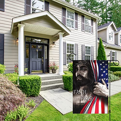 Louise Maelys Jesus American Garden Flag 12x18 Double Sided, Burlap Small Vertical Faith Over Fear God Christian Jesus Cross Religious Religion Yard Flags Banners For Farmhouse Lawn Outdoor Outside Home Easter Decoration (ONLY FLAG)