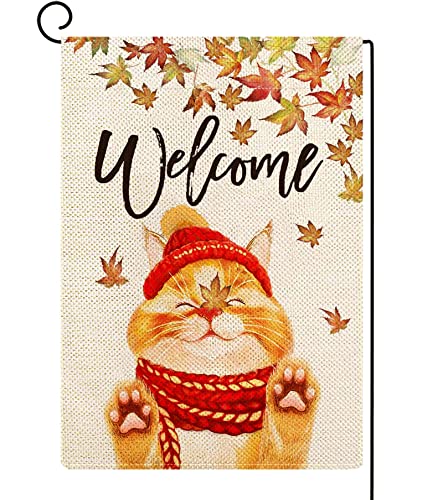 ORTIGIA Welcome Fall Cat Garden Flag Blurap Vertical Double Sided 12x18inch Autumn Maple Leaf Garden Flag for Outside Fall Thanksgiving Farmhouse Seasonal Holiday Yard Décor